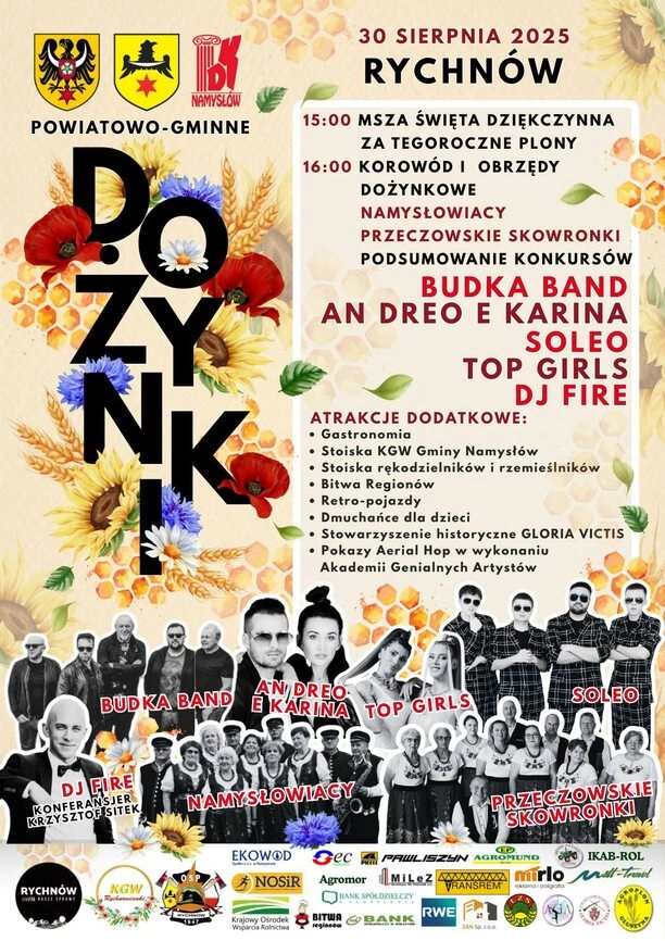 Dożynki w Rychnowie 2025 z koncertami Budka Band, An Dreo e Karina, Soleo, Top Girls i występem DJ Fire