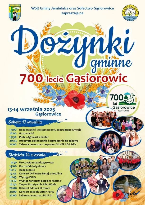 Dożynki gminne w Gąsiorowicach 2025 i 700-lecie miejscowości z koncertami zespołów PULS, SILVER i After Party, PAW