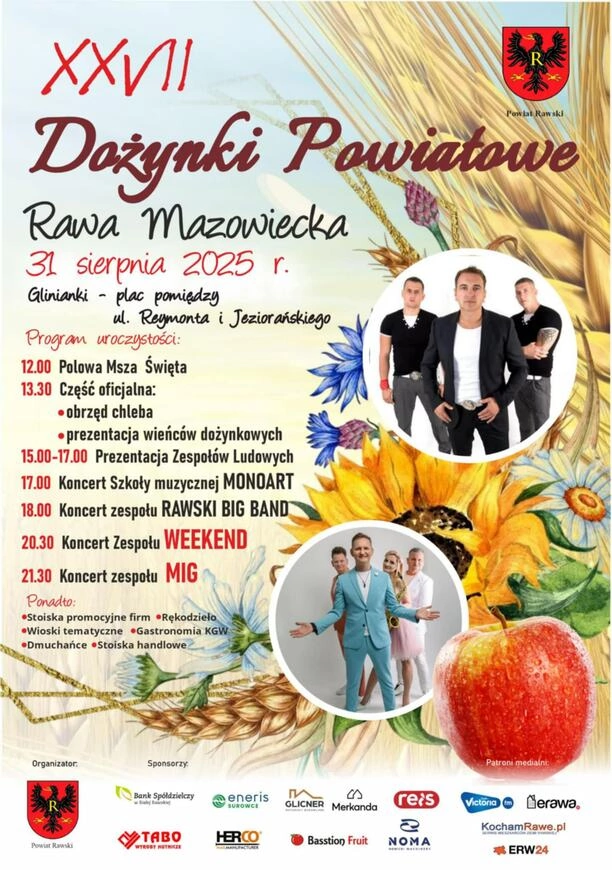 Dożynki Powiatowe Rawa Mazowiecka 2025 z gwiazdami disco polo Weekend i MIG