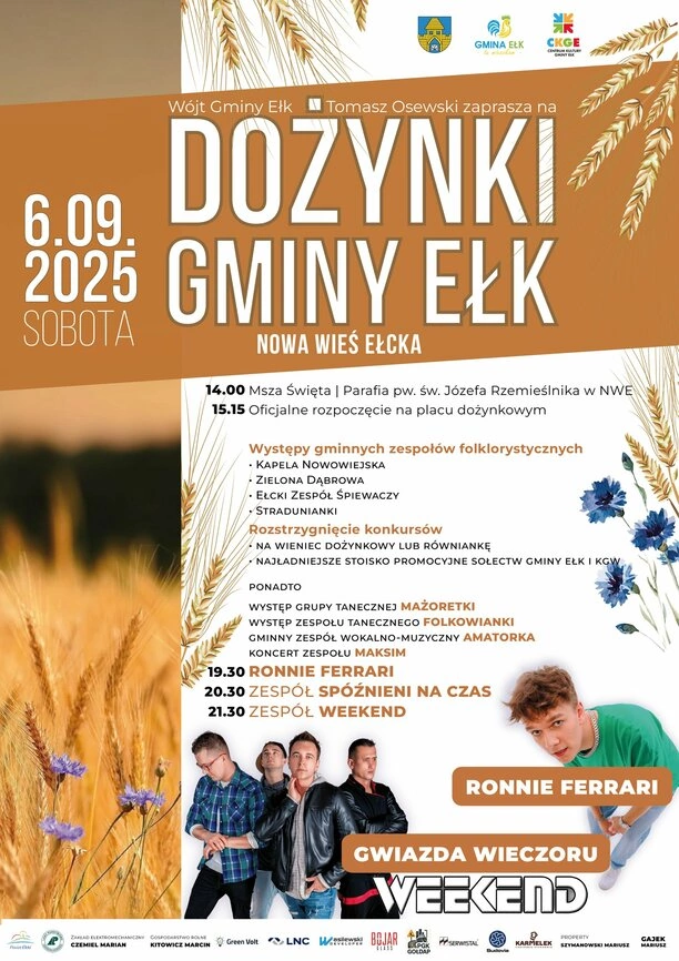 Dożynki Gminy Ełk 2025 w Nowej Wsi Ełckiej z koncertami Ronniego Ferrariego i zespołu Weekend