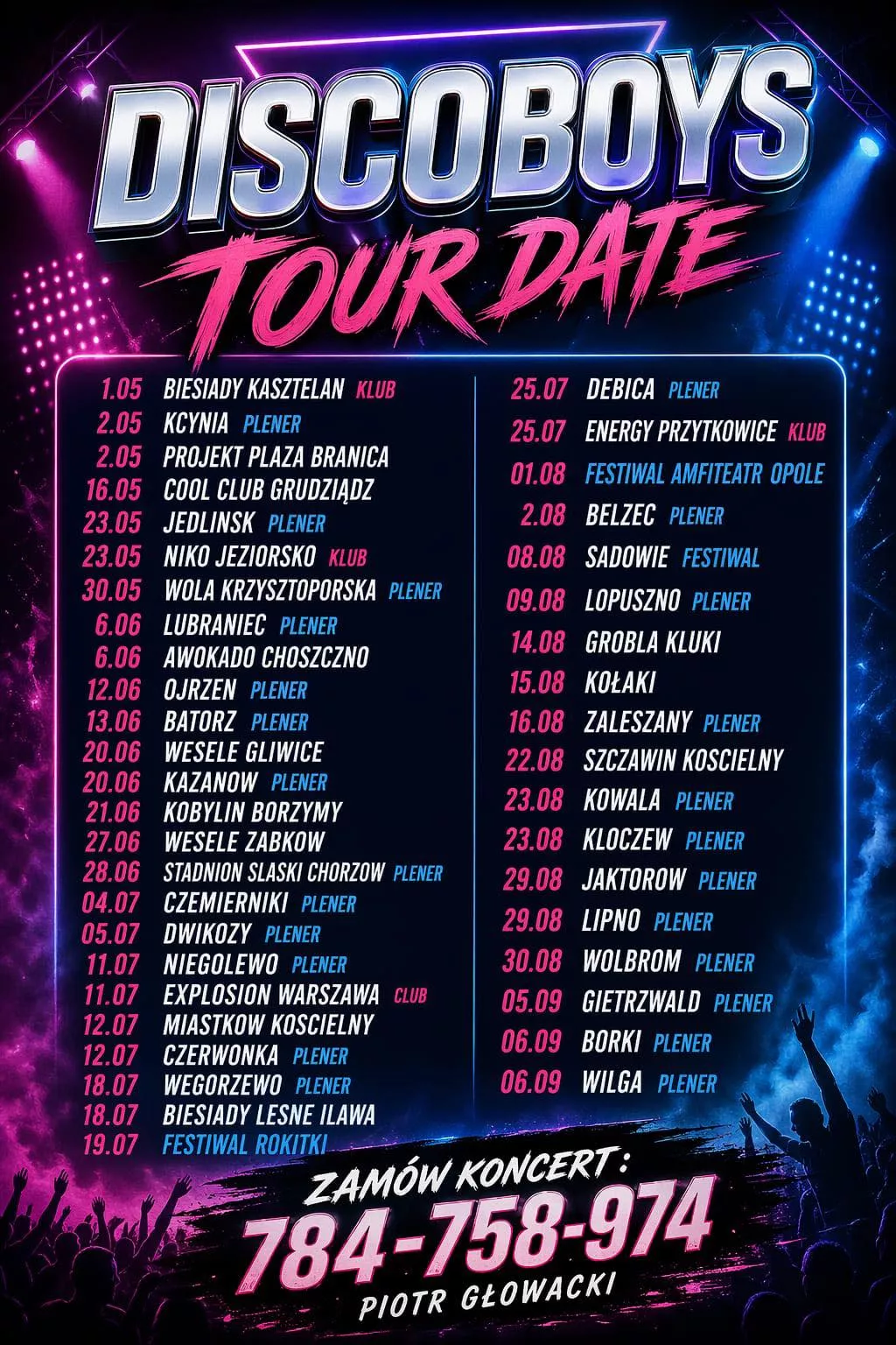 DiscoBoys trasa koncertowa 2026 - pełna lista miast i dat występów zespołu Kamila Kossakowskiego
