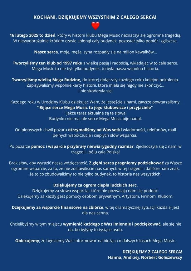 Co dalej z klubem „Mega Music Wilga” po pożarze? Właściciele w nowym oświadczeniu! 