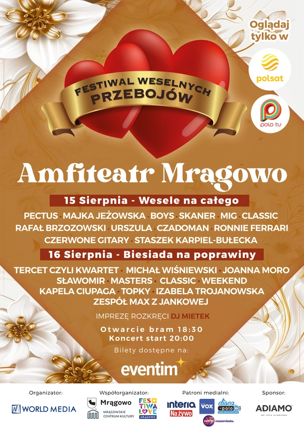 Festiwal Weselnych Przebojów 2025 w Mrągowie! Kto wystąpi w sobotę 16 sierpnia?!