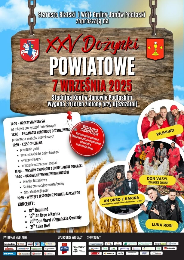 Dożynki Powiatowe 2025 w Janowie Podlaskim z koncertami Rajmunda, Don Vasyla, An Dreo e Kariny i Luki Rosiego
