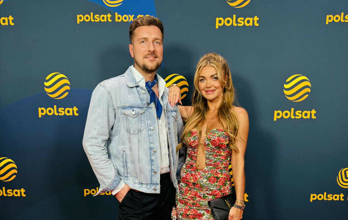 Edyta Folwarska i Marcin Kotyński z Polo TV na czerwonym dywanie podczas prezentacji ramówki Polsatu