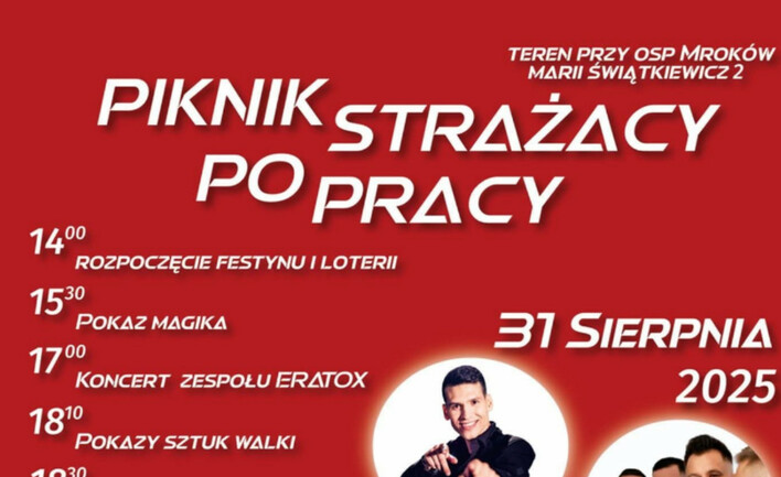 Piknik Strażacy po Pracy 2025 w Mrokowie z koncertami Bayera i Eratox
