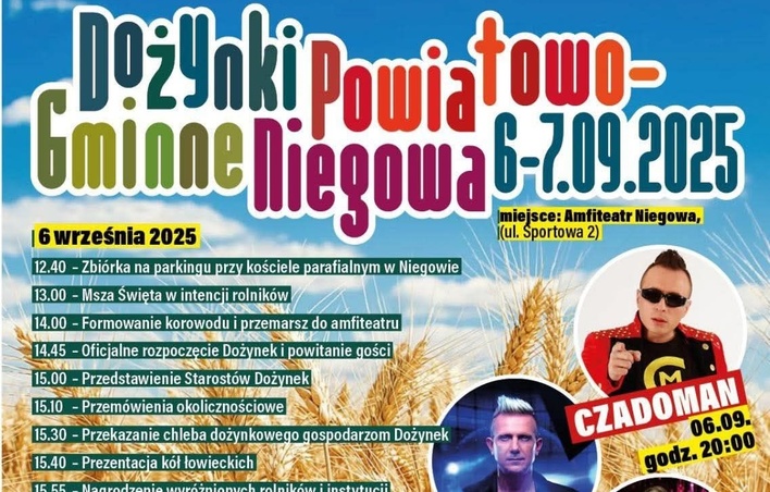 Program Dożynek Powiatowo Gminnych w Niegowie 2025. Wystąpią Czadoman, D Bomb, Mystic i Red Queen